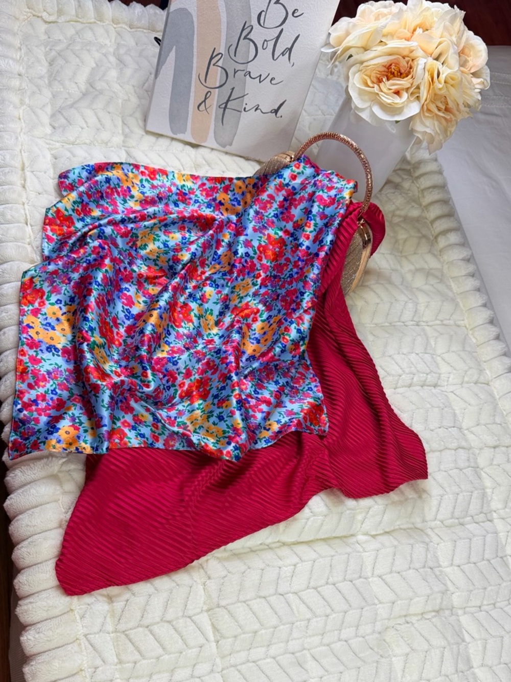 Elegant Bright Floral & Ruby Red Silk Scarves - Double Pack - Picture 2 of 14